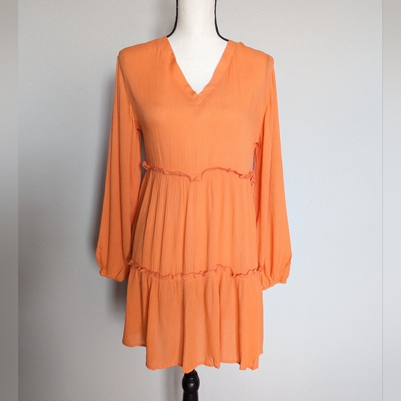 Orange long lantern sleeve ruffle hem frilled dress size M - Picture 1 of 8